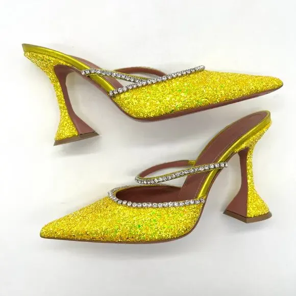 AMINA MUADDI Glitter Gilda Heeled Mule Women 8 Yellow Rhinstone Strap Pointy Toe - Picture 5 of 16